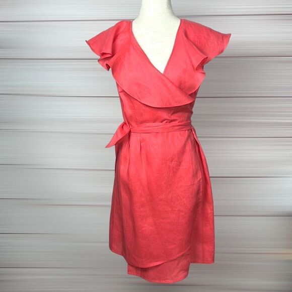 Neiman Marcus Coral Ruffle V-Neck Sleeveless 100% Linen Wrap Dress size S - Picture 2 of 13